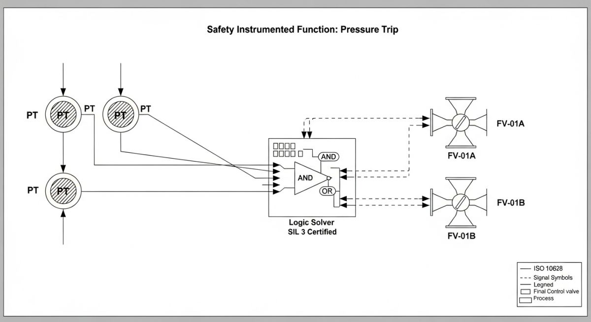 Technical diagram of High Integrity Pressure Protection System (HIPPS) architecture and logic flow