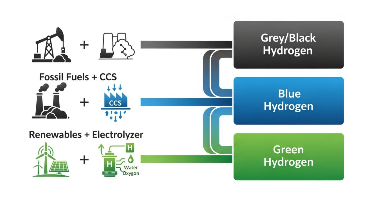 Technical flowchart explaining the production pathways for the Colors of Hydrogen