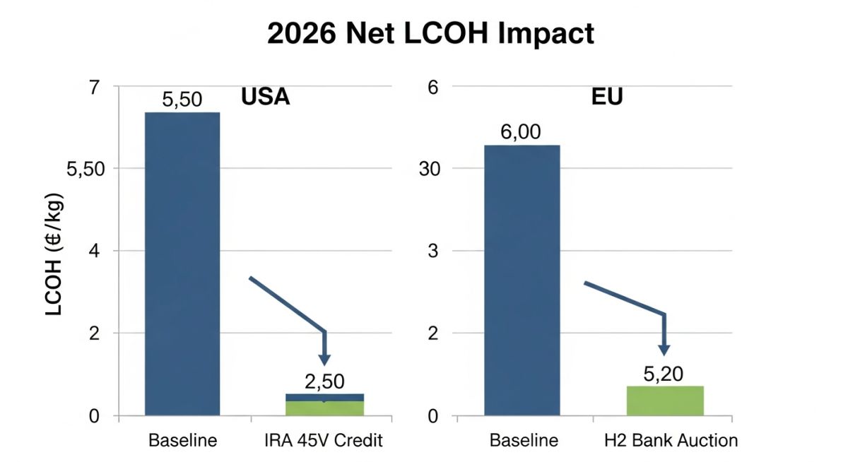 Impact of US IRA 45V tax credit and EU Hydrogen Bank subsidies on LCOH 2026