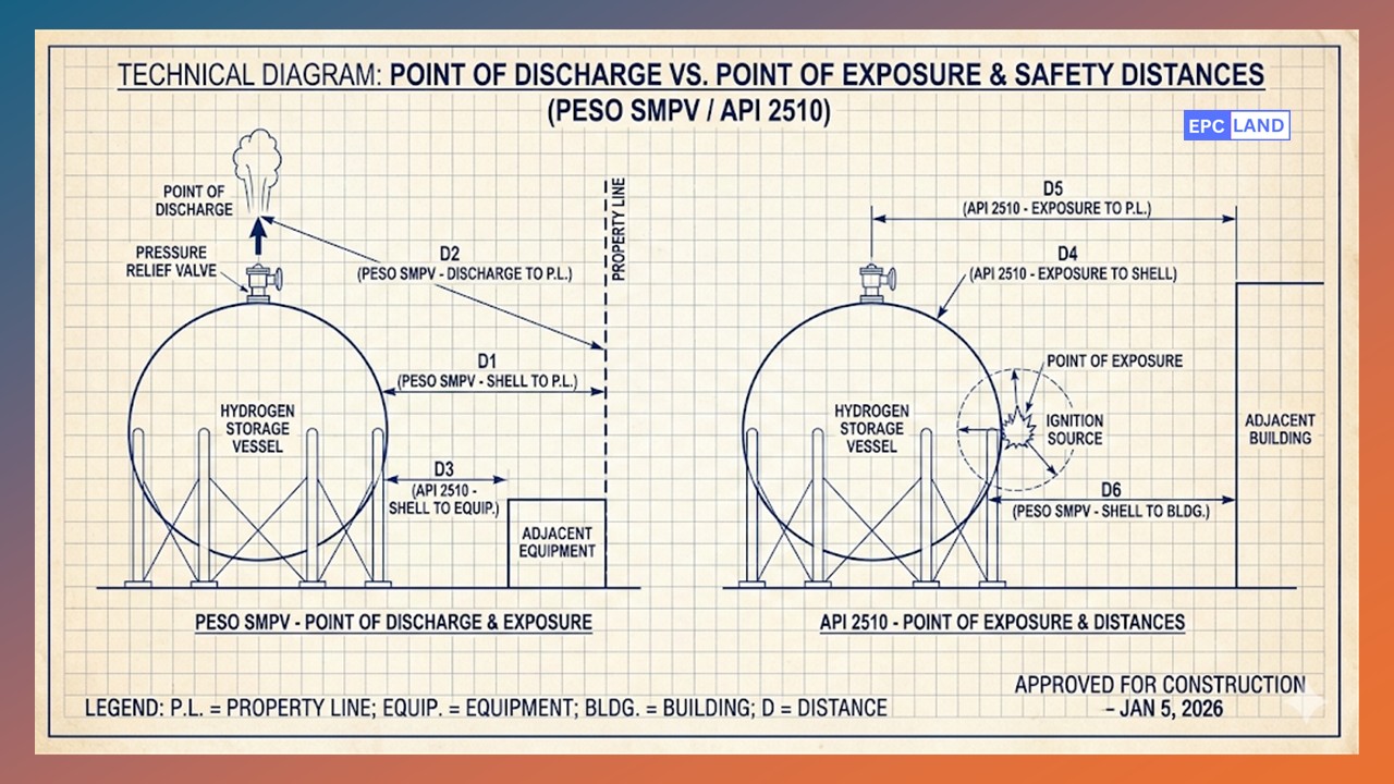 Engineering diagram of hydrogen vessel separation distances and safety clearances