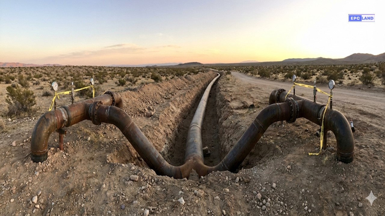 Hydrostatic Testing of Buried Pipelines setup showing test headers and safety exclusion zones on a 24-inch crude oil line.