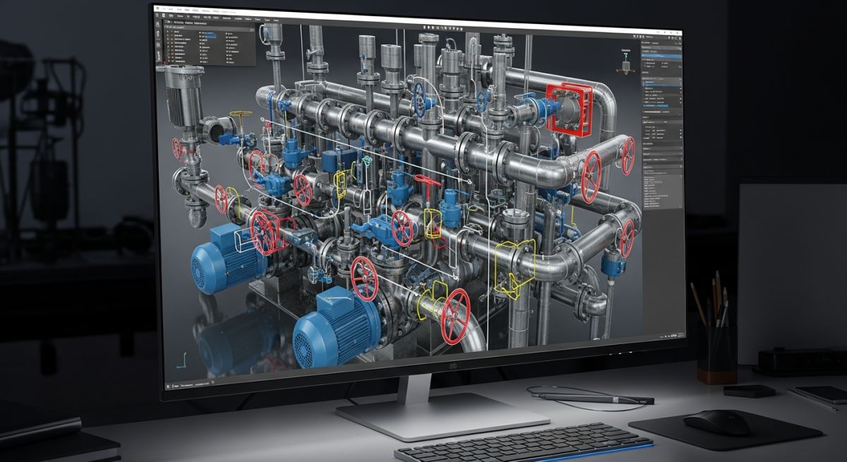 Professional 3D Model Review session showing industrial piping design in Navisworks.