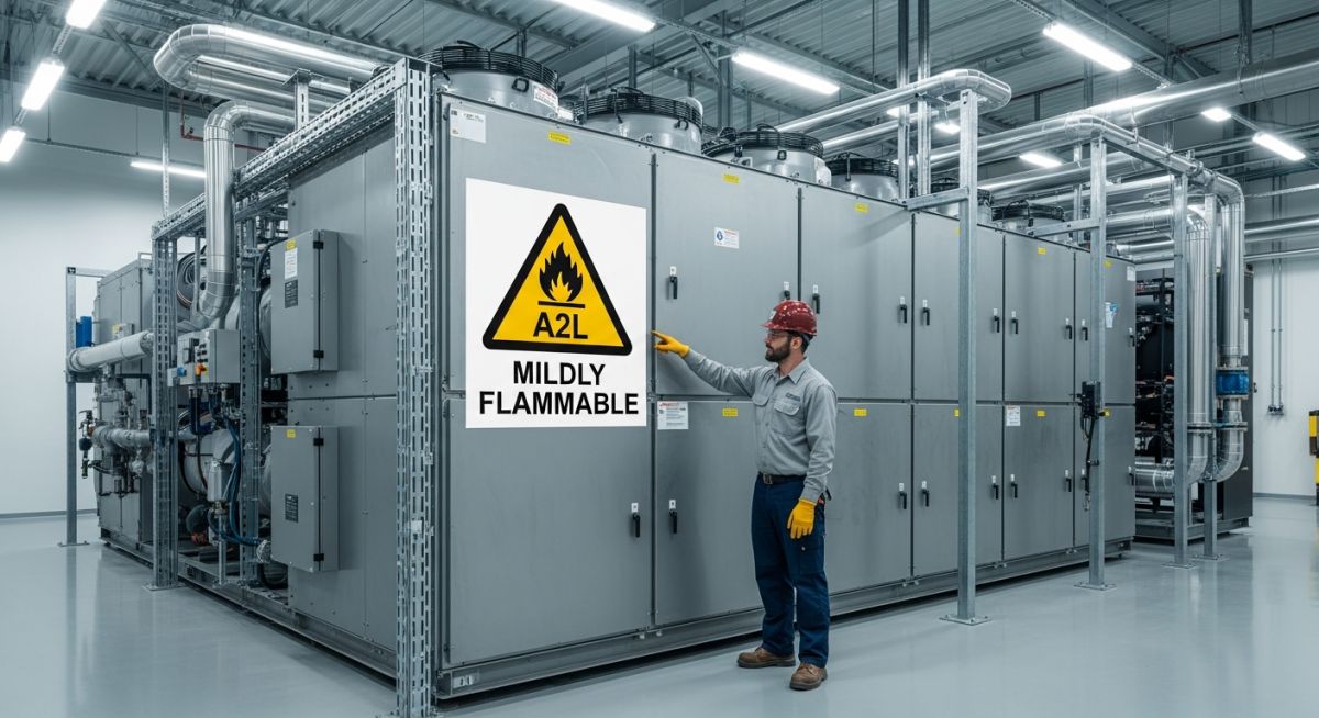 Industrial chiller unit utilizing HFO Refrigerants (A2L classification). Safety management and engineering design for A2L Safety Classification systems.
