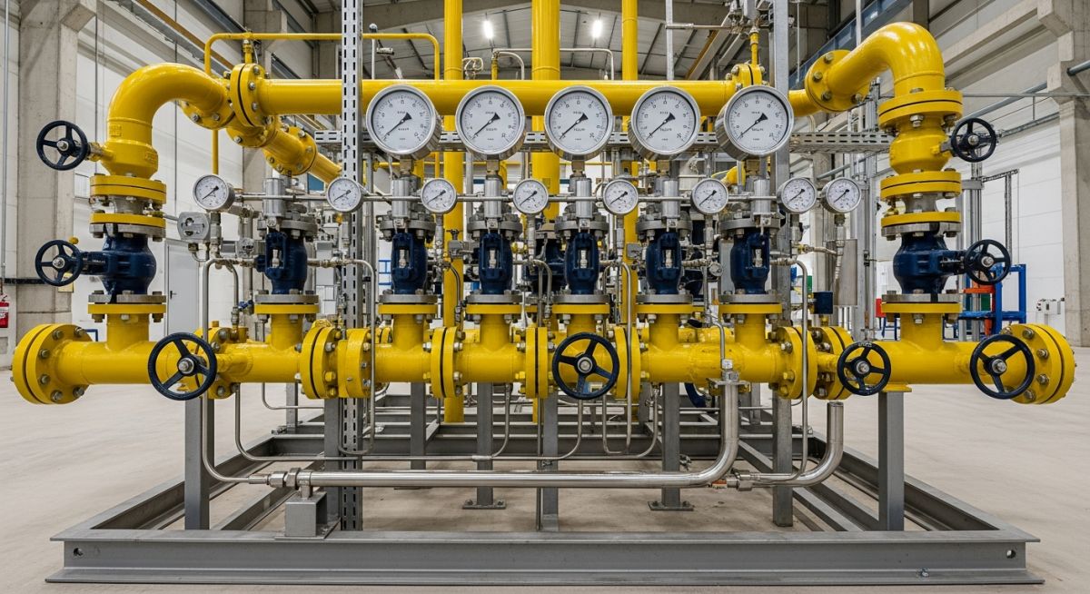 Industrial Gas Piping System manifold with ASME B31.8 compliant fittings.