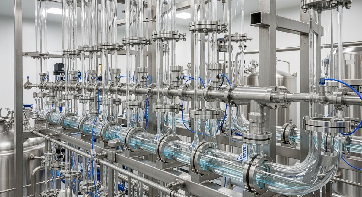 Industrial Glass Piping System installation in a high-purity chemical plant