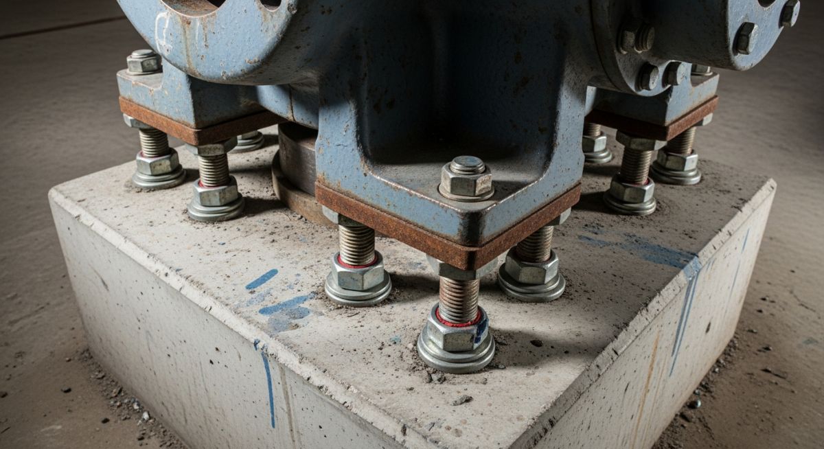 Industrial pump secured to a foundation with vibration-resistant through bolting and specialized locking fasteners