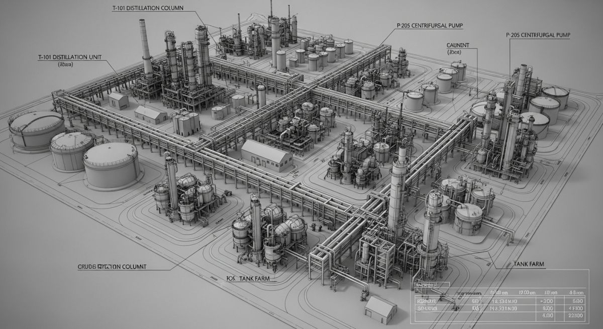 Professional industrial Plot Plan Drawing showing equipment layout and process units in a refinery.