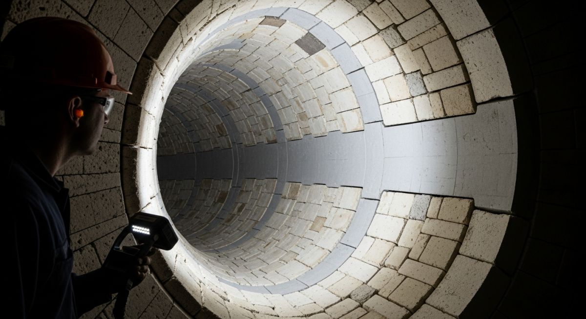 Industrial Refractory Lining installation inside a high-temperature rotary kiln.
