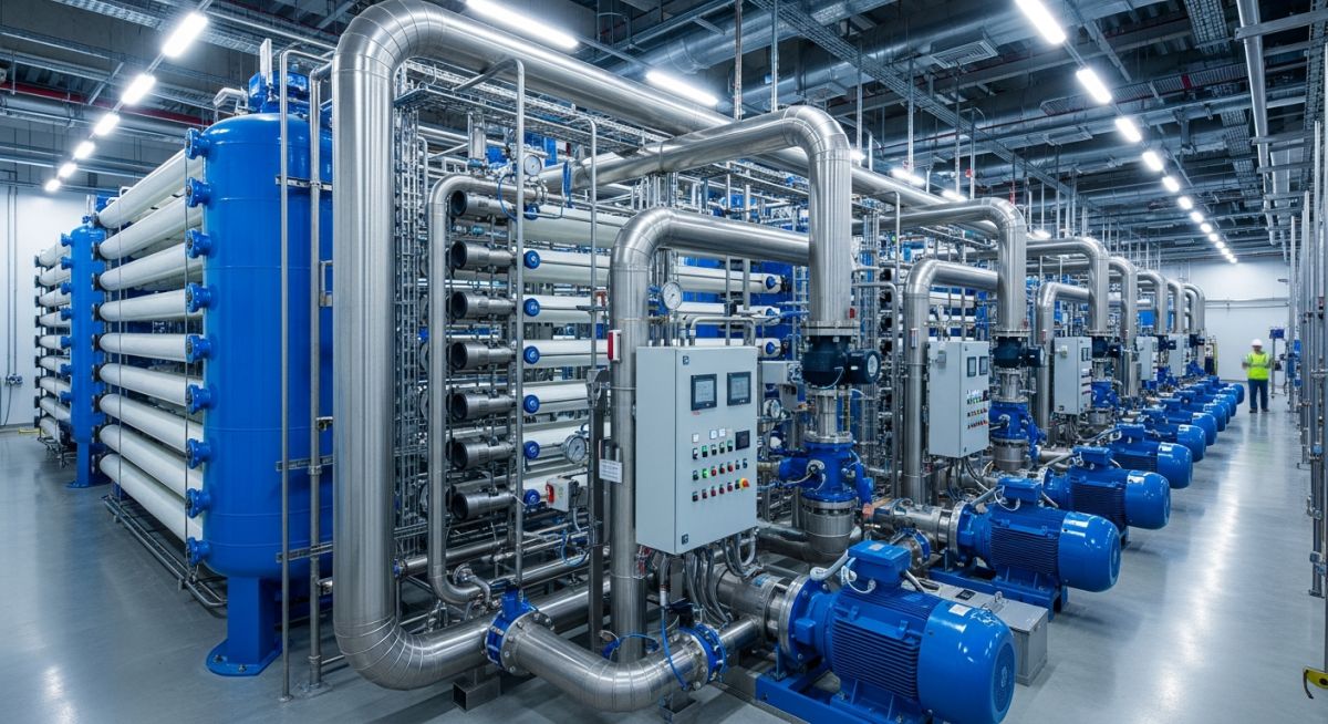 Industrial Reverse Osmosis Process membrane racks in a modern desalination plant 2026.