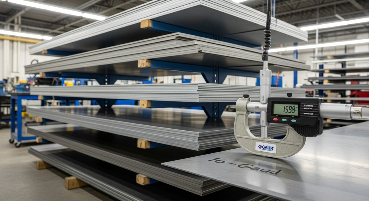 Industrial metal fabrication facility showcasing different thicknesses defined by a standard sheet metal gauge chart.