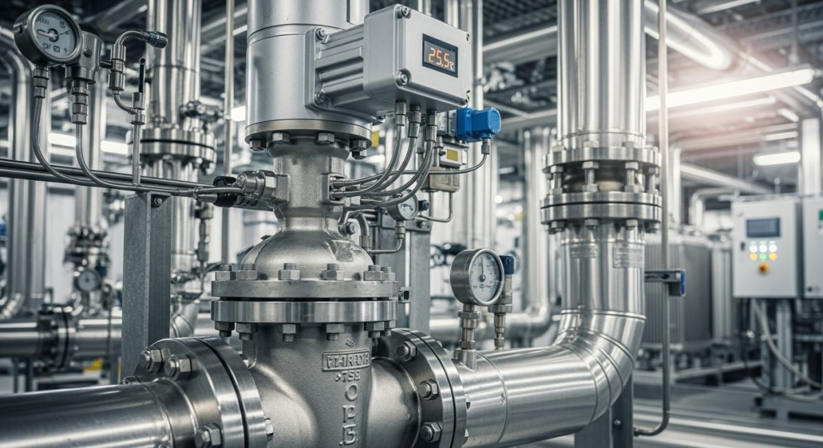 Industrial Temperature Control Valve installed on a high-pressure steam line in a power plant.