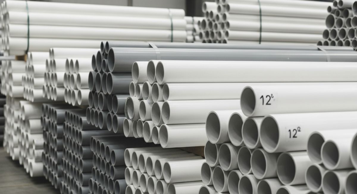 Industrial warehouse inventory showcasing a wide range of PVC pipe sizes and schedules for commercial plumbing.