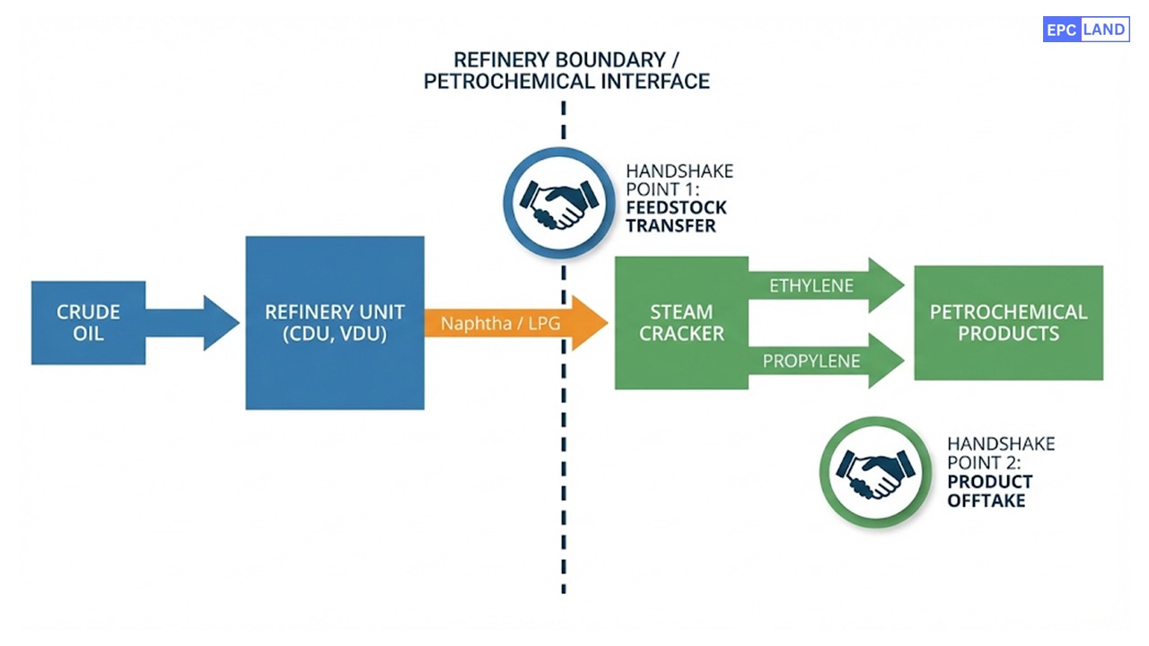 Refinery petrochemical integration flow scheme diagram showing naphtha and gas transfer