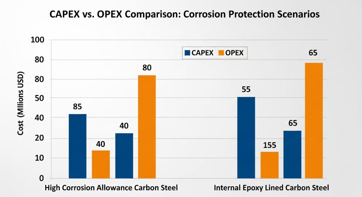 Cost-benefit analysis of internal epoxy lining vs. high Corrosion Allowance.