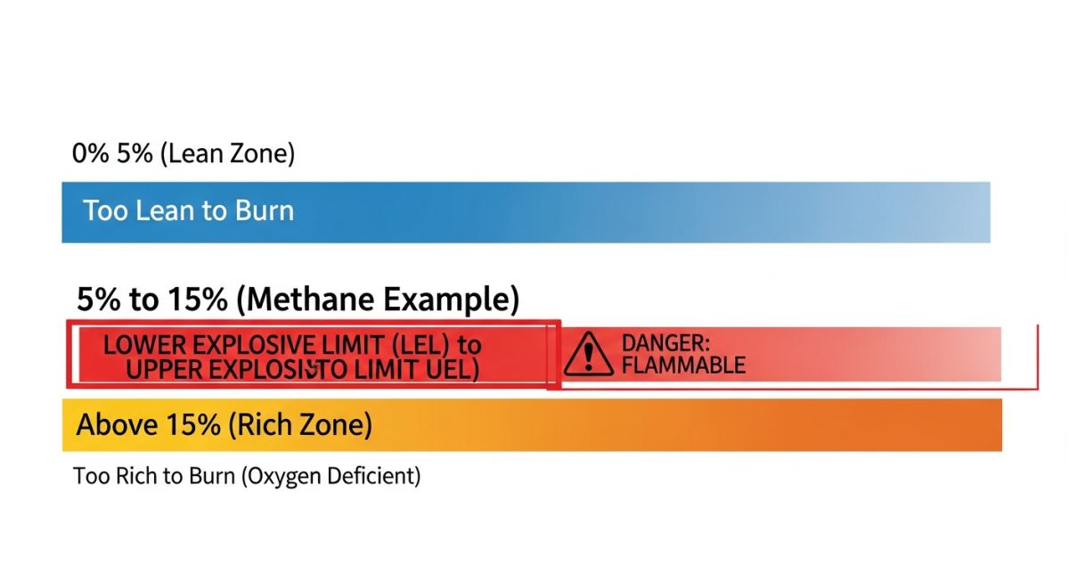 Diagram showing the flammability range between Lower Explosive Limit (LEL) and Upper Explosive Limit (UEL)