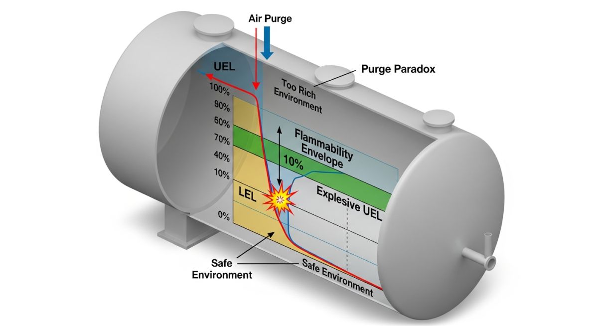 Engineering illustration of an explosion risk when transitioning through Lower Explosive Limit (LEL) and Upper Explosive Limit (UEL) during tank purging
