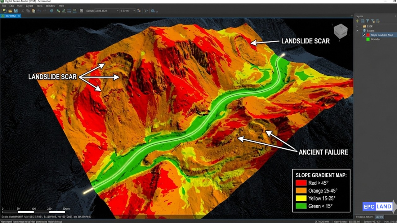 LiDAR geohazard risk assessment identifying landslide zones for mountain pipeline routing