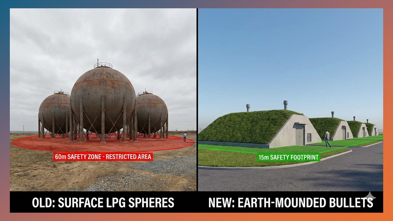 LPG mounded storage spacing comparison illustrating mounded bullet vs sphere safety advantages in a congested refinery layout
