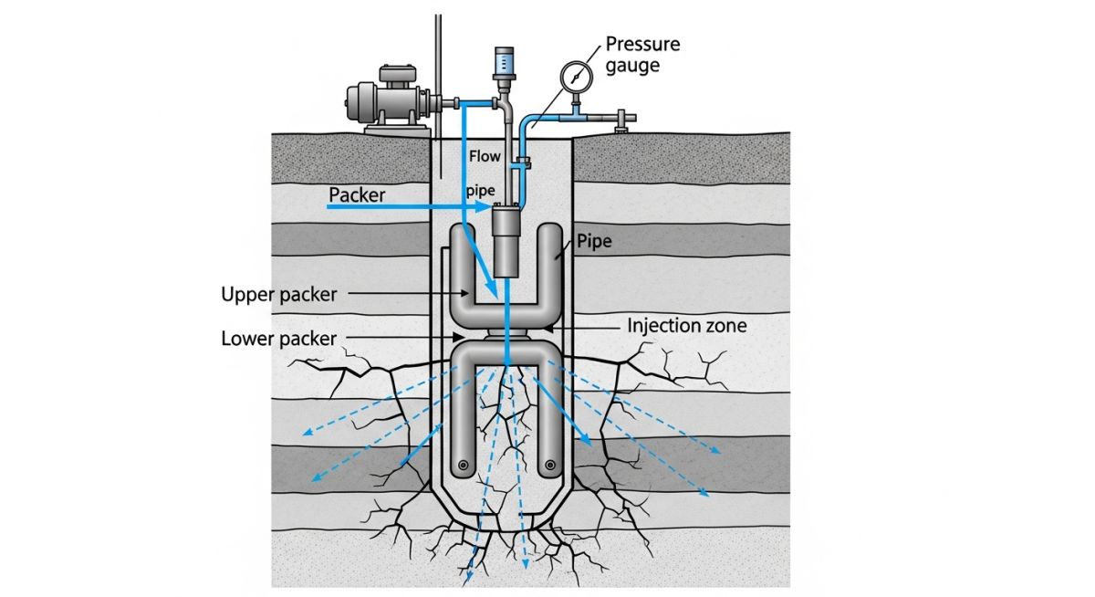 Technical diagram of the Lugeon Test procedure used for measuring rock mass permeability before Curtain Grouting in dam foundations.