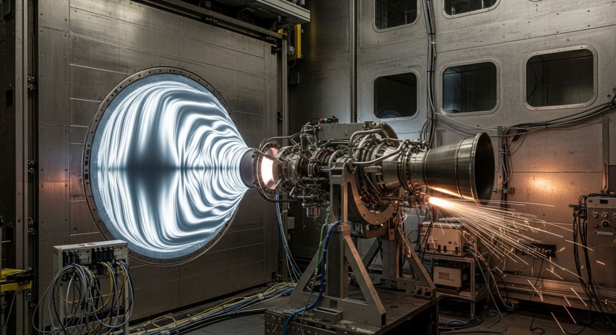High-velocity aerodynamic testing illustrating Mach Number principles in a wind tunnel.
