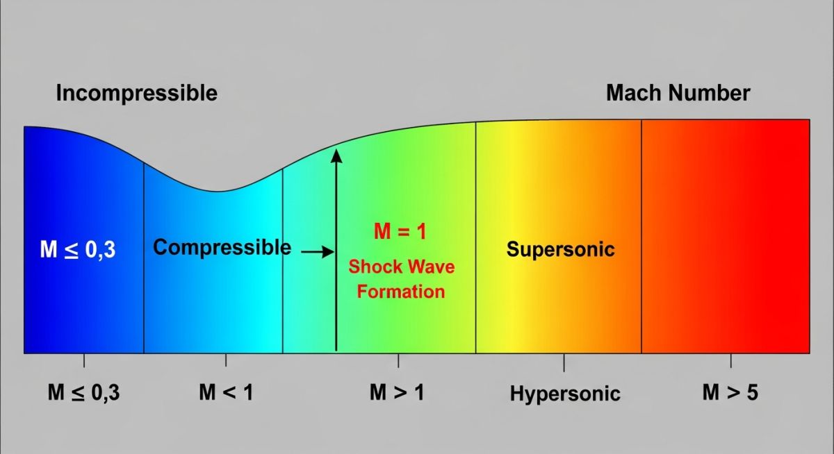 Engineering chart of Mach Number classifications and flow regimes from subsonic to hypersonic