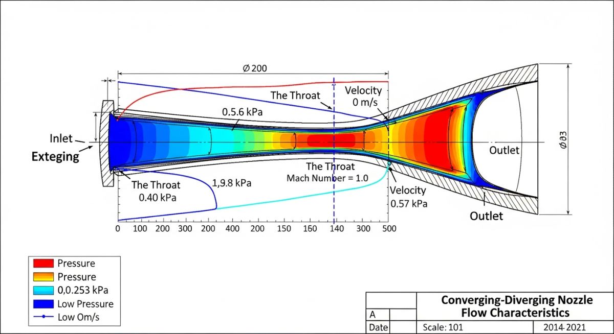 Technical diagram of choked flow and Mach Number 1.0 at the nozzle throat