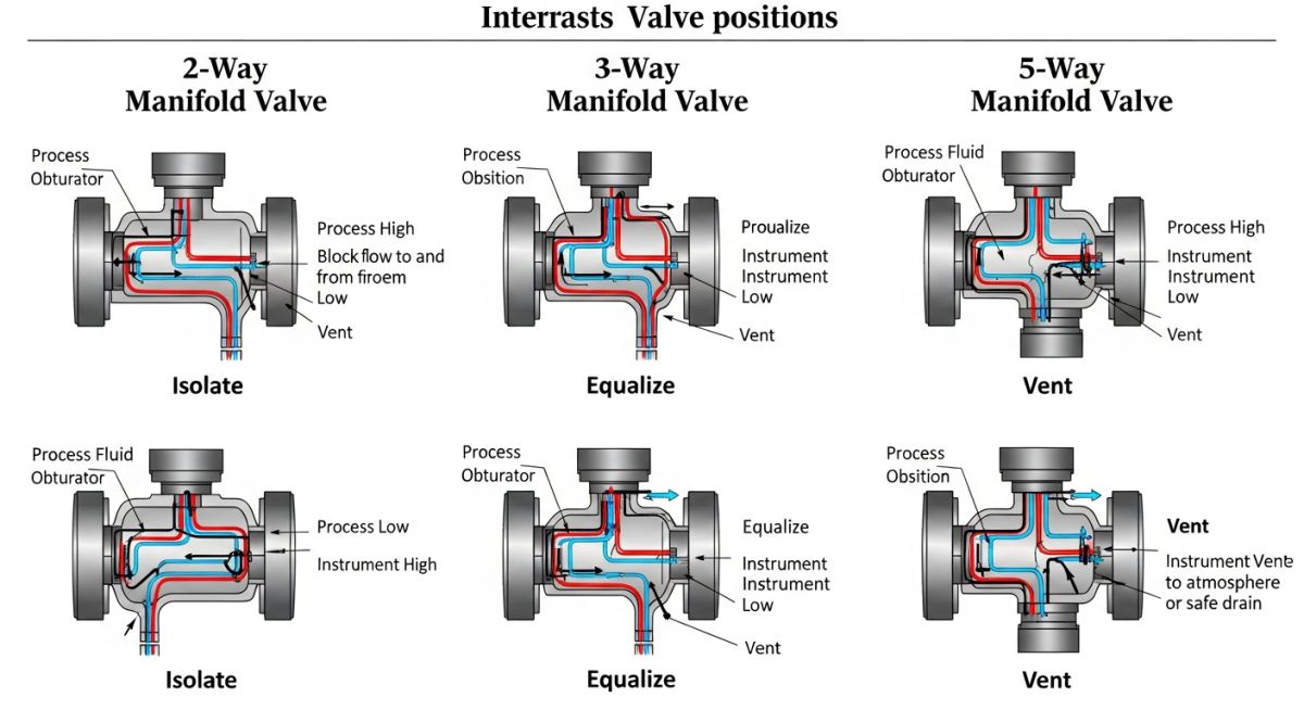 Technical flow diagram of 2-way 3-way and 5-way Manifold Valve types