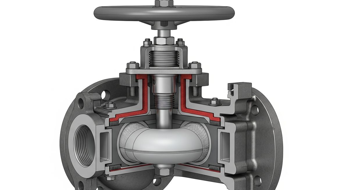 Engineering cutaway of a manual Weir-type Diaphragm Valve for industrial flow control.