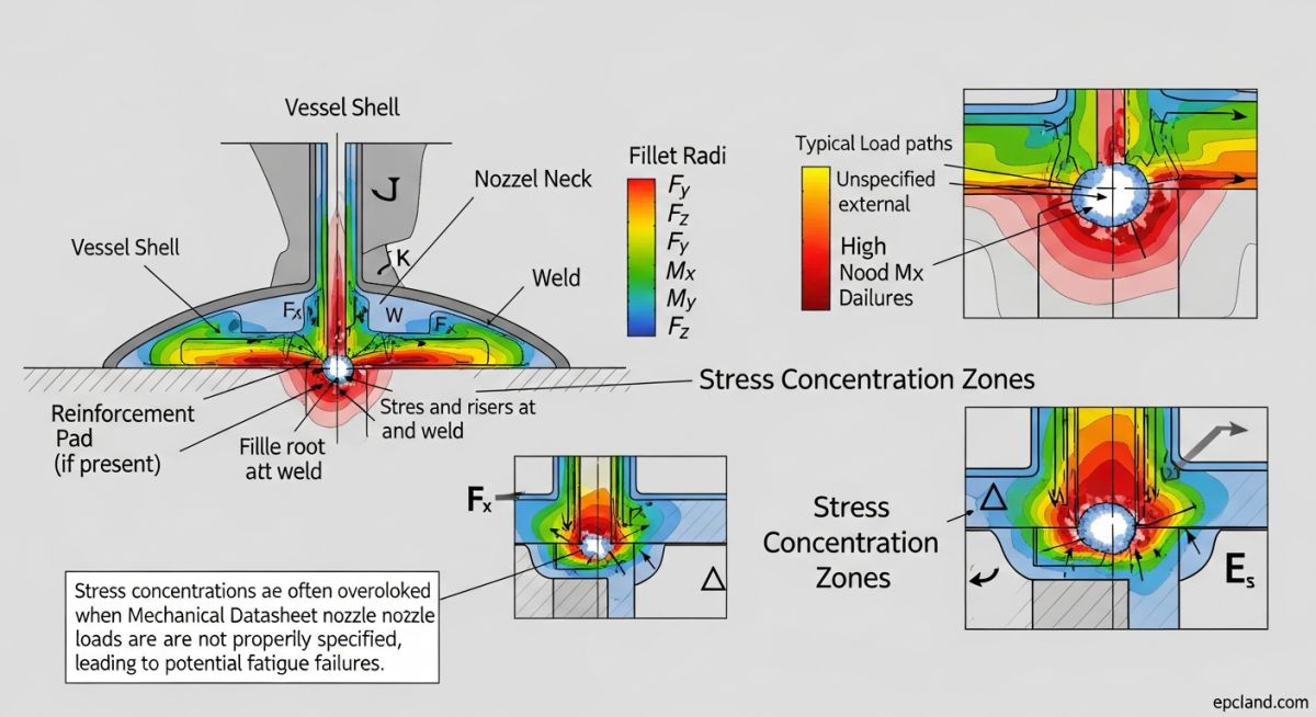 Engineering diagram of pressure vessel nozzle stress affected by Mechanical Datasheet specifications