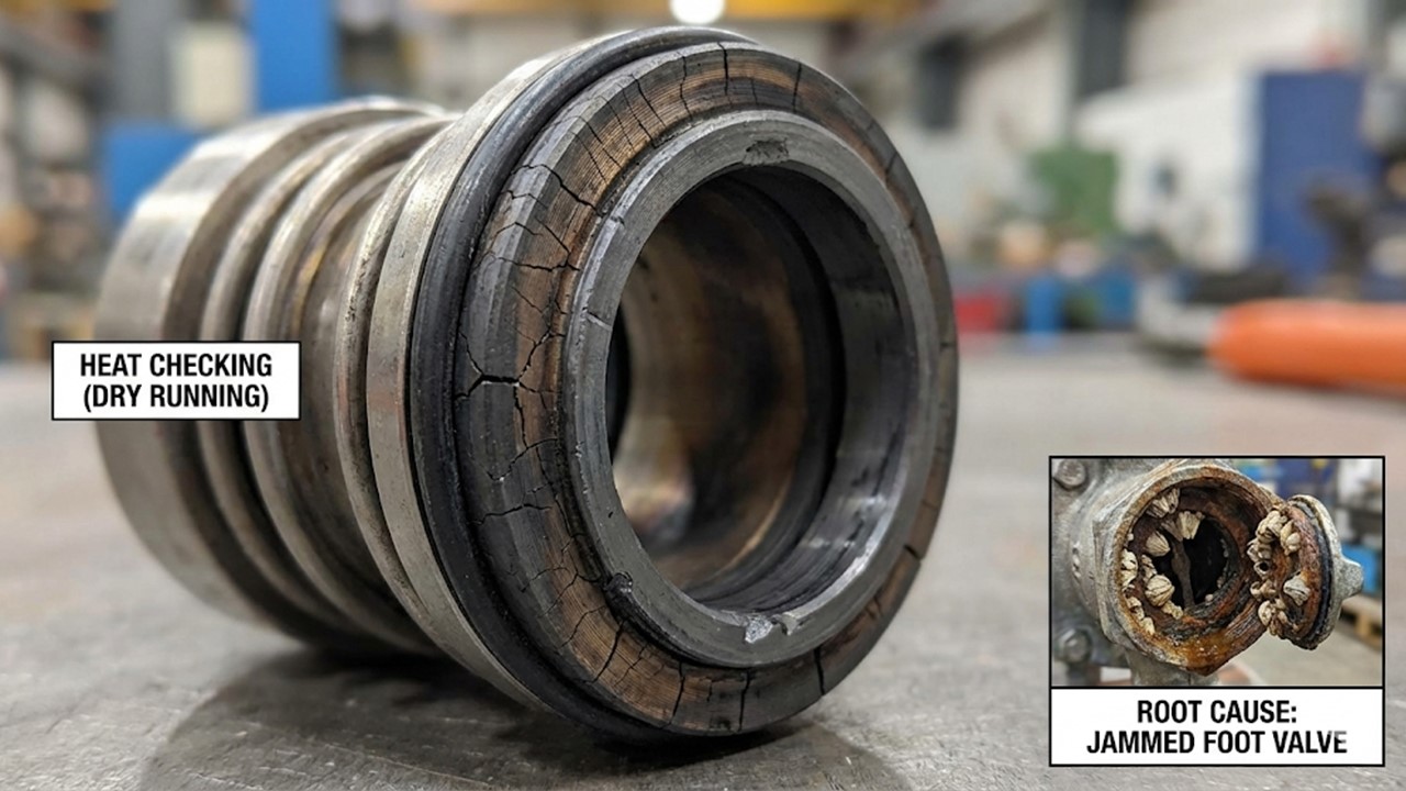 Mechanical seal failure caused by pump dry running after loss of prime