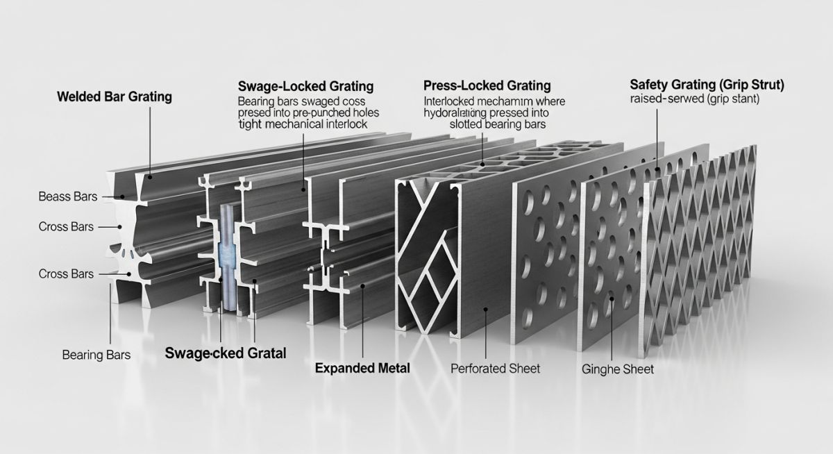 Technical diagram showing different metal grating types and structural components