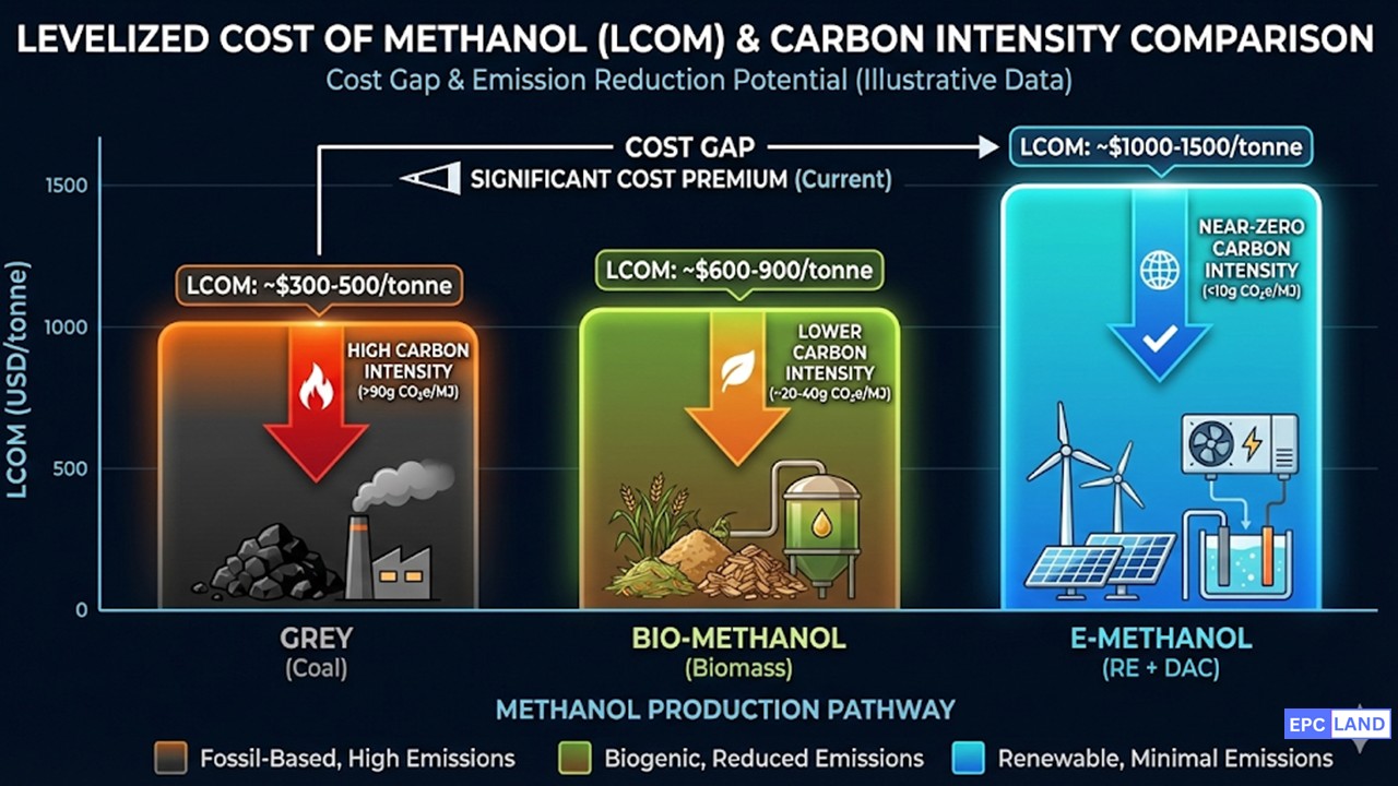 Levelized Cost of Methanol LCOM chart Grey vs Bio vs E-Methanol