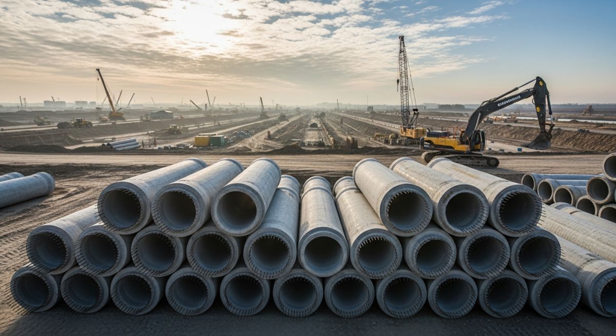 High-durability large diameter Concrete Pipe sections at a 2026 municipal stormwater project site.