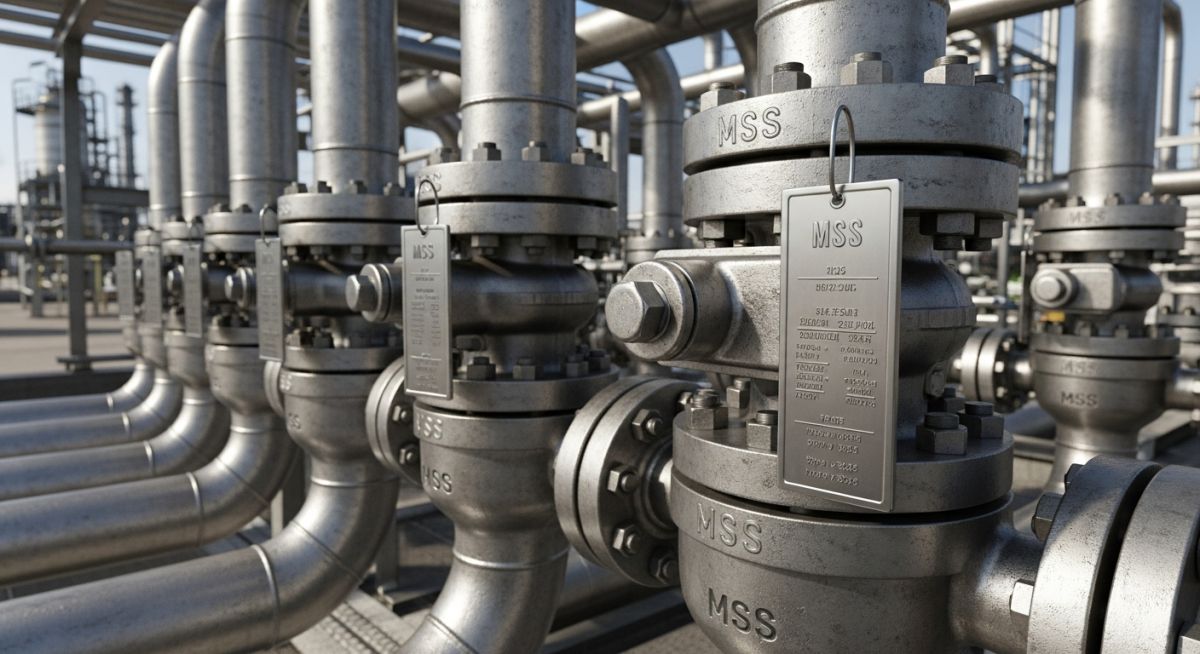 High-pressure refinery manifold utilizing MSS Standards in Piping for valve safety.