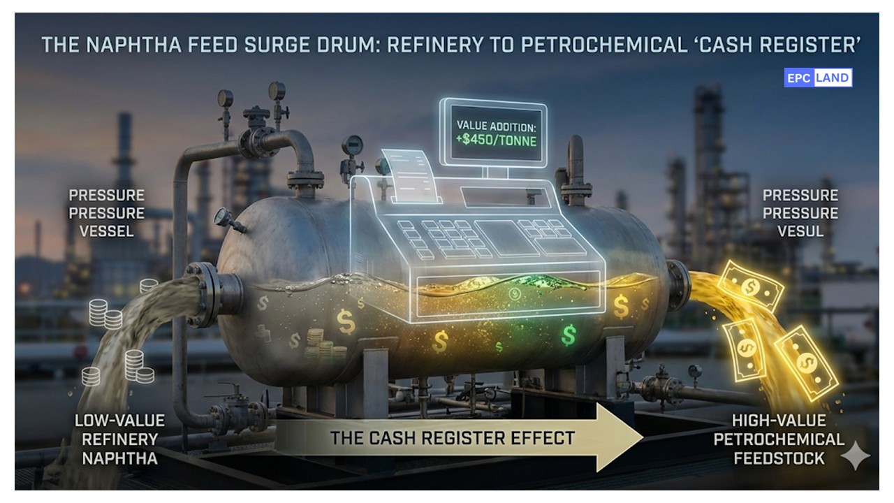 Naphtha feed surge drum piping entering a steam cracker furnace for margin uplift analysis