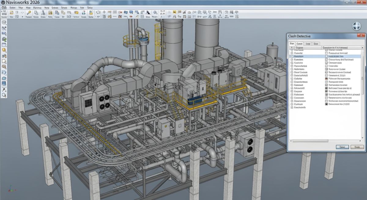 Professional interface showing Navisworks Software Functions for BIM coordination.