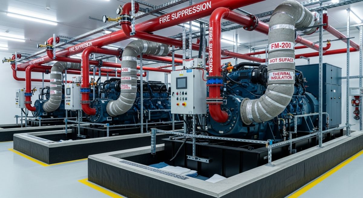 NFPA 37 compliant installation of a stationary combustion engine in an industrial facility.