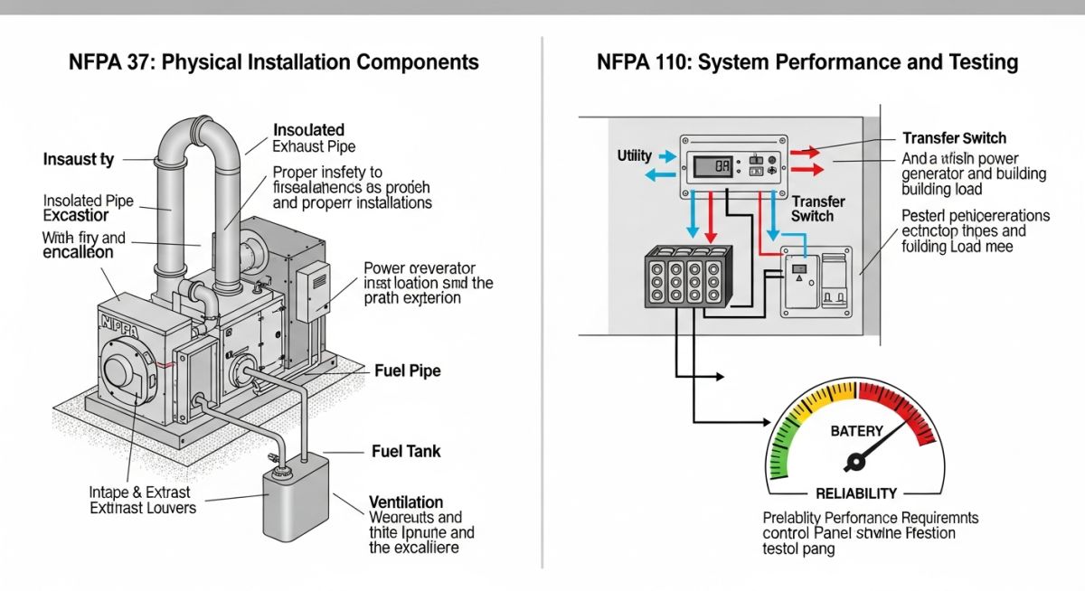 Technical comparison between NFPA 37 installation rules and NFPA 110 performance standards
