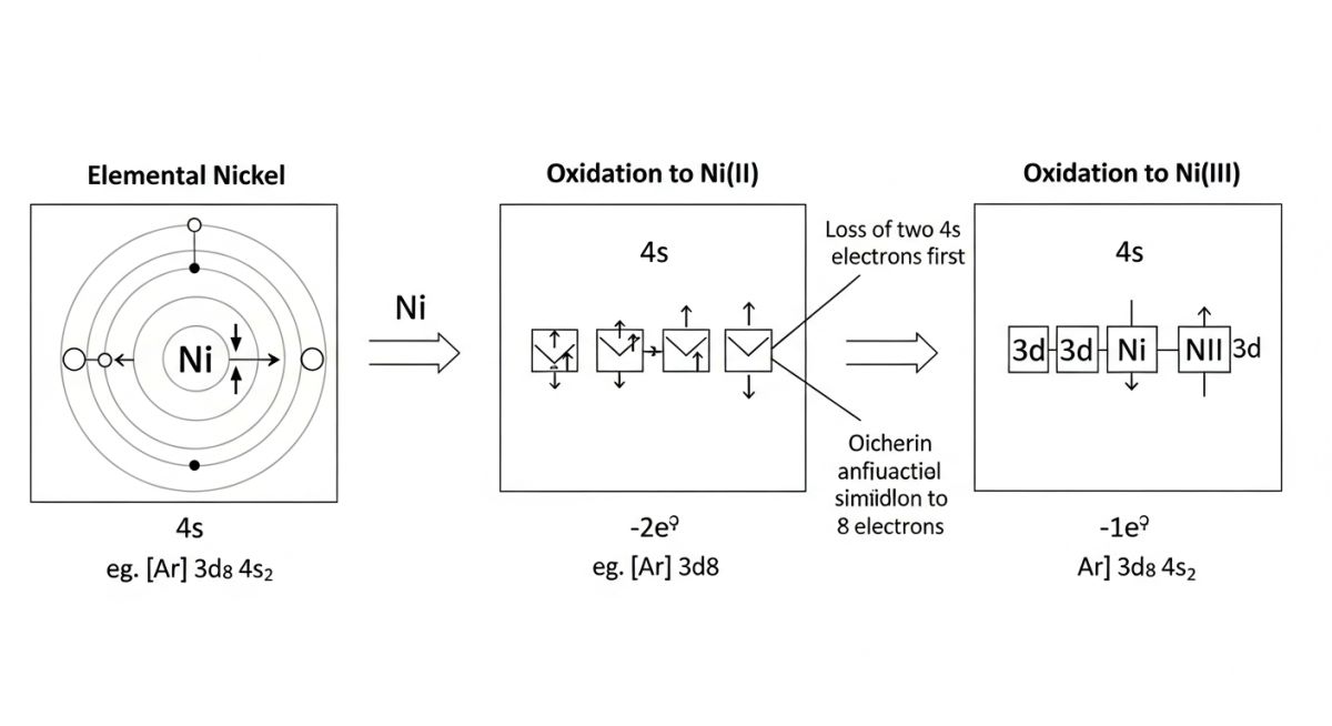 Diagram showing electron configuration changes during the transition of the Oxidation State of Nickel