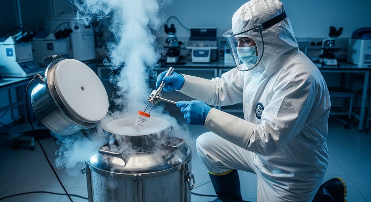 Laboratory technician using a portable Nitrogen Storage Tank for biological sample cryopreservation
