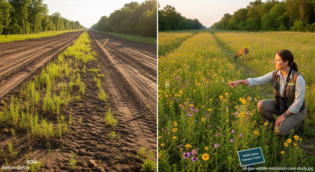 Before and after vegetation restoration managed by a Senior Wildlife Biologist in an oil pipeline corridor