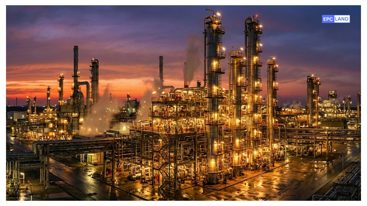 Modern oil refinery process plant at night showing distillation towers and process piping.