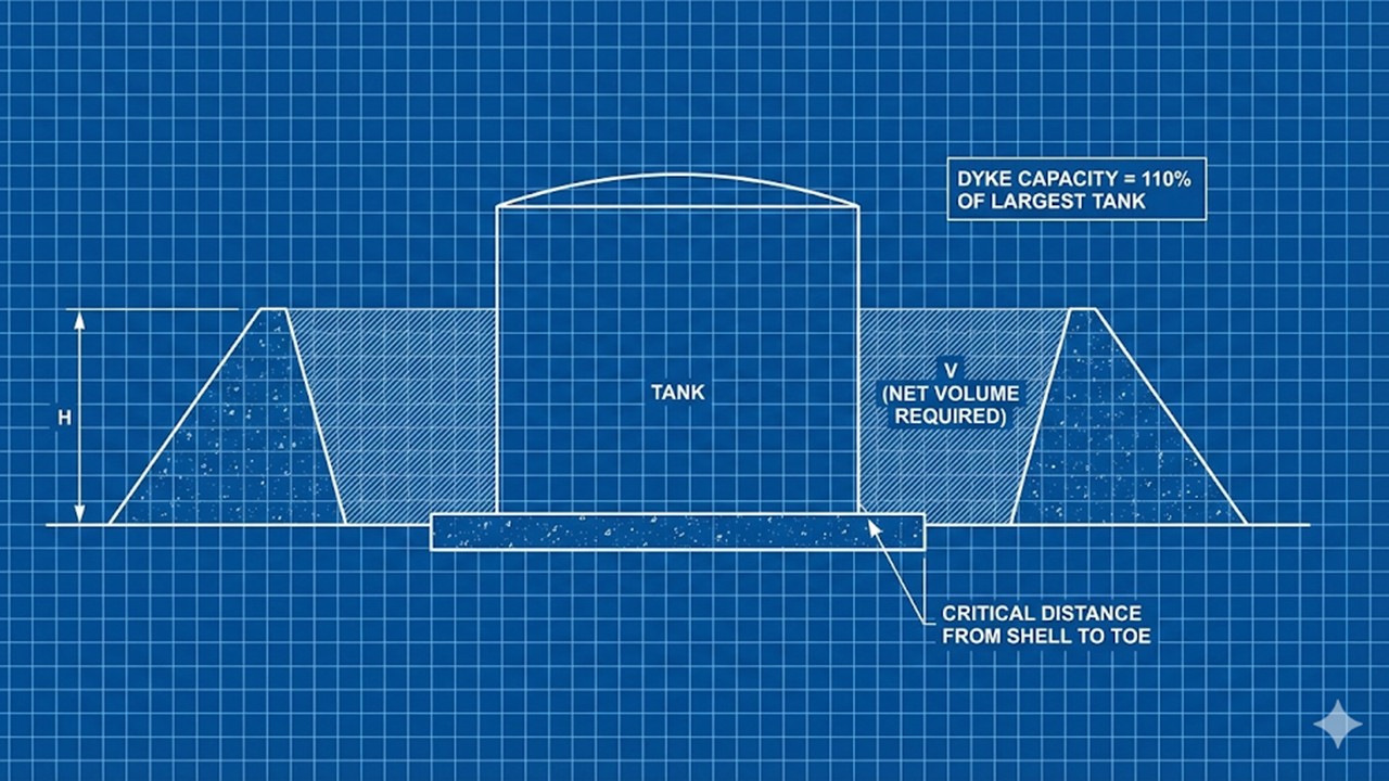 Dyke wall volume calculation diagram complying with OISD 118 petroleum Class A B C classification rules for containment