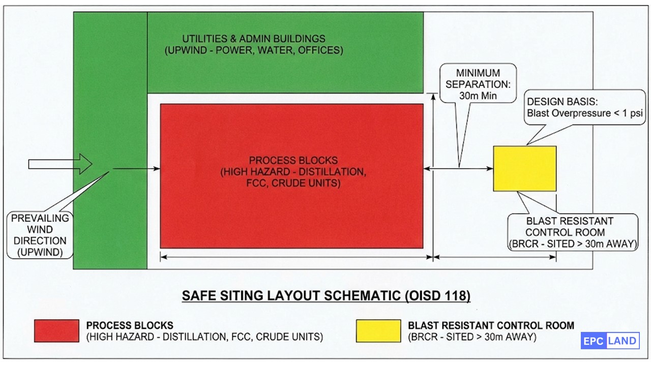 Technical diagram illustrating blast resistant control room siting and fire water demand calculation zones based on OISD 118 safety distances
