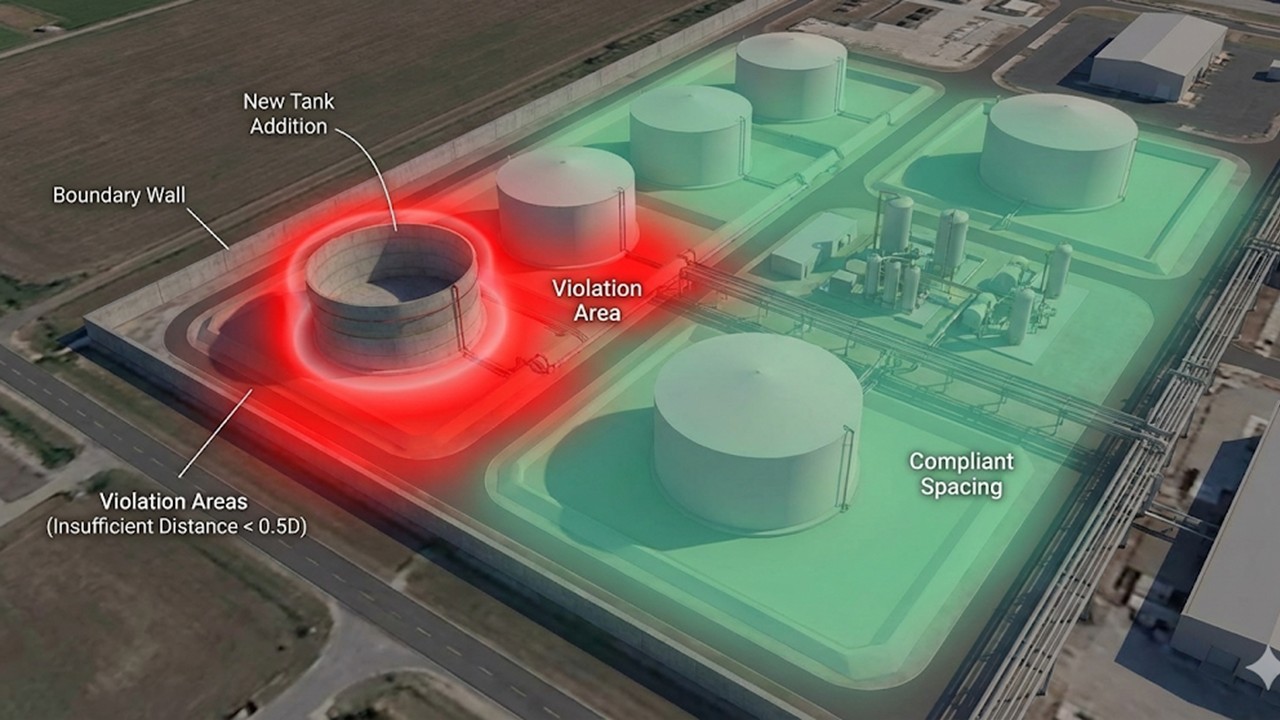 Tank farm spacing table compliance check highlighting green belt buffer zone width and fire water storage capacity OISD standards