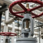 Industrial OS&Y gate valve with exposed threaded rising stem in an oil refinery piping system.