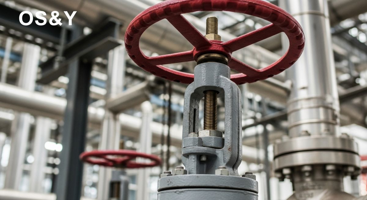 Industrial OS&Y gate valve with exposed threaded rising stem in an oil refinery piping system.