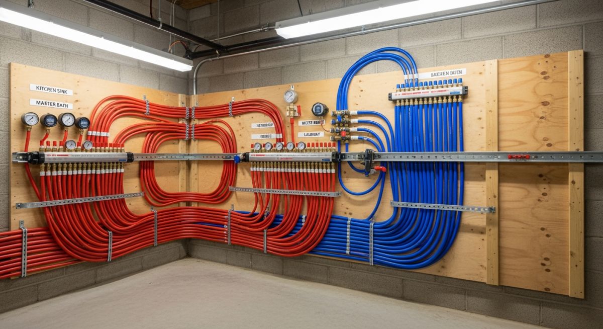 Modern PEX plumbing manifold system installation in a residential building