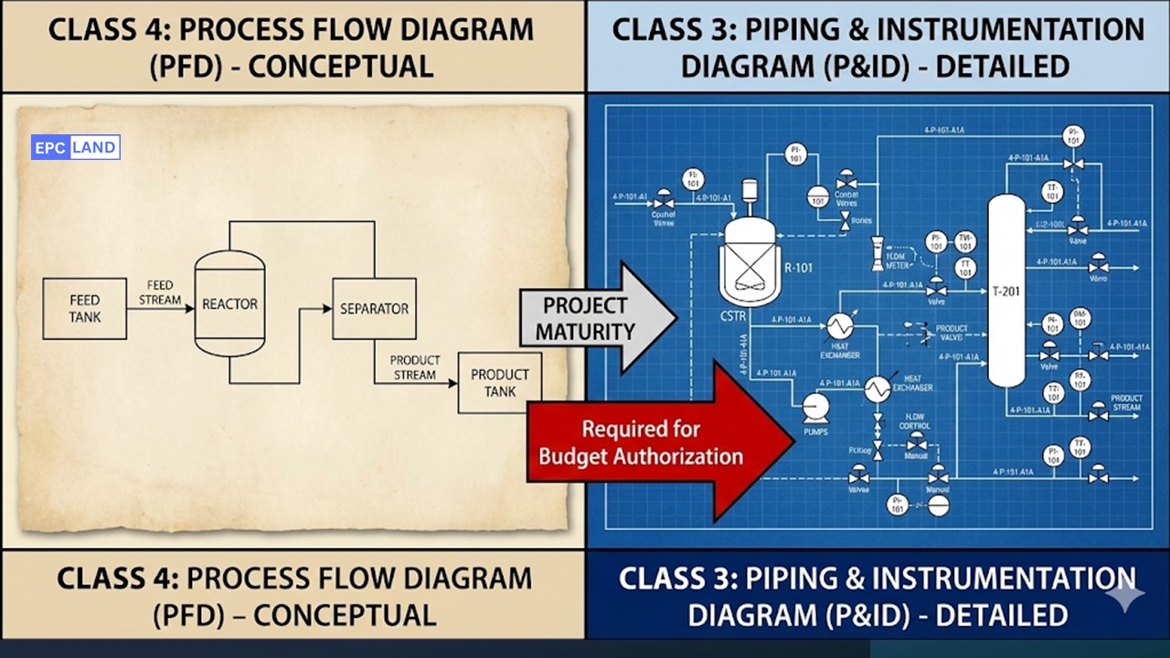 Comparison of Process Flow Diagram PFD vs P&ID for cost estimate classification maturity