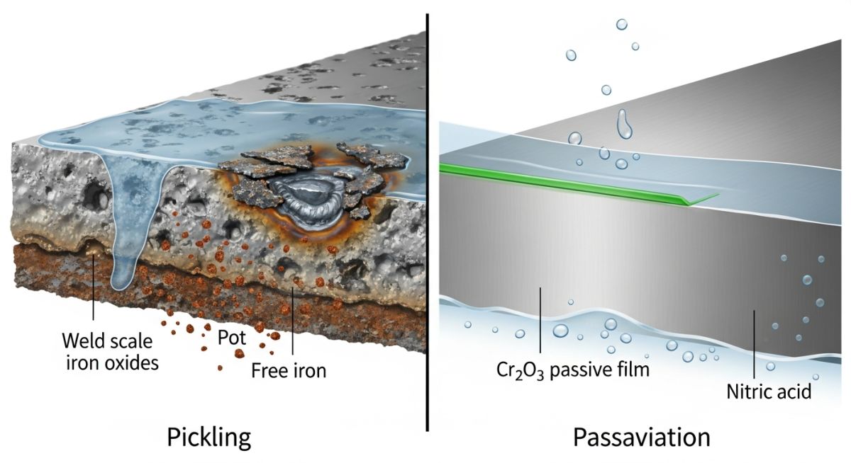 Technical diagram showing the difference between Pickling and Passivation layers